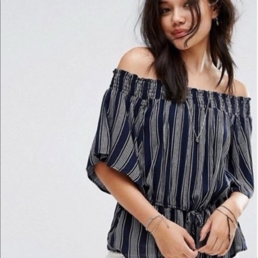 Abercrombie & Fitch Striped Off-The-Shoulder Top Sz‎ Large Blue White Drawstring
